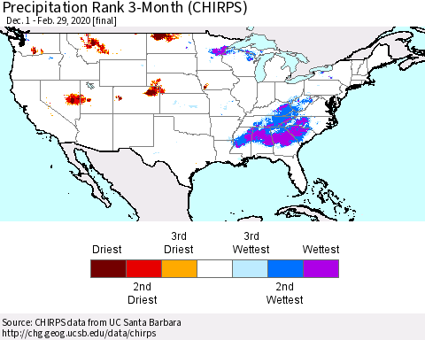 United States Precipitation Rank 3-Month (CHIRPS) Thematic Map For 12/1/2019 - 2/29/2020