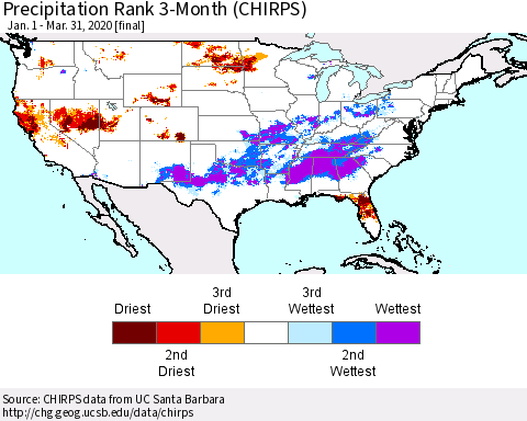 United States Precipitation Rank since 1981, 3-Month (CHIRPS) Thematic Map For 1/1/2020 - 3/31/2020