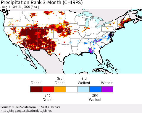 United States Precipitation Rank 3-Month (CHIRPS) Thematic Map For 8/1/2020 - 10/31/2020