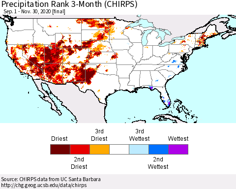 United States Precipitation Rank 3-Month (CHIRPS) Thematic Map For 9/1/2020 - 11/30/2020