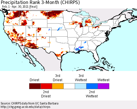 United States Precipitation Rank since 1981, 3-Month (CHIRPS) Thematic Map For 2/1/2021 - 4/30/2021