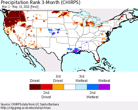 United States Precipitation Rank 3-Month (CHIRPS) Thematic Map For 3/1/2021 - 5/31/2021