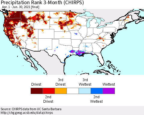United States Precipitation Rank since 1981, 3-Month (CHIRPS) Thematic Map For 4/1/2021 - 6/30/2021