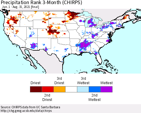 United States Precipitation Rank 3-Month (CHIRPS) Thematic Map For 6/1/2021 - 8/31/2021