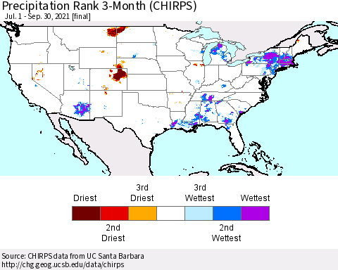 United States Precipitation Rank since 1981, 3-Month (CHIRPS) Thematic Map For 7/1/2021 - 9/30/2021
