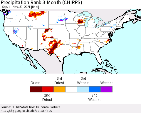 United States Precipitation Rank since 1981, 3-Month (CHIRPS) Thematic Map For 9/1/2021 - 11/30/2021