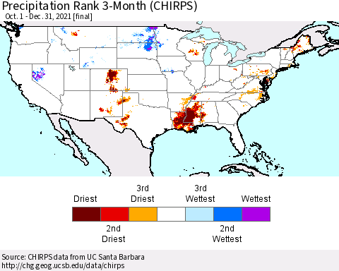 United States Precipitation Rank 3-Month (CHIRPS) Thematic Map For 10/1/2021 - 12/31/2021