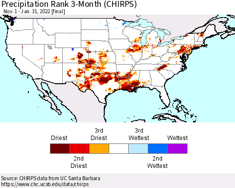 United States Precipitation Rank since 1981, 3-Month (CHIRPS) Thematic Map For 11/1/2021 - 1/31/2022