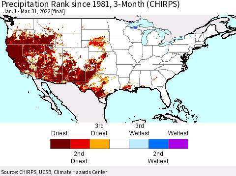 United States Precipitation Rank since 1981, 3-Month (CHIRPS) Thematic Map For 1/1/2022 - 3/31/2022