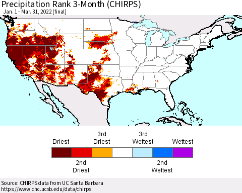United States Precipitation Rank 3-Month (CHIRPS) Thematic Map For 1/1/2022 - 3/31/2022