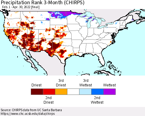 United States Precipitation Rank 3-Month (CHIRPS) Thematic Map For 2/1/2022 - 4/30/2022