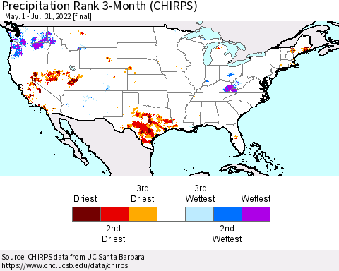 United States Precipitation Rank since 1981, 3-Month (CHIRPS) Thematic Map For 5/1/2022 - 7/31/2022