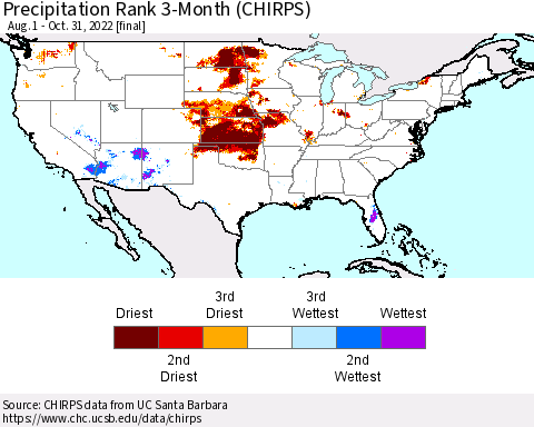 United States Precipitation Rank since 1981, 3-Month (CHIRPS) Thematic Map For 8/1/2022 - 10/31/2022