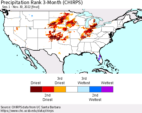 United States Precipitation Rank since 1981, 3-Month (CHIRPS) Thematic Map For 9/1/2022 - 11/30/2022