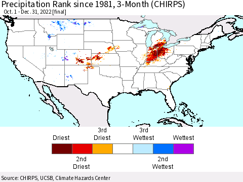 United States Precipitation Rank since 1981, 3-Month (CHIRPS) Thematic Map For 10/1/2022 - 12/31/2022