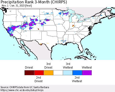 United States Precipitation Rank since 1981, 3-Month (CHIRPS) Thematic Map For 11/1/2022 - 1/31/2023