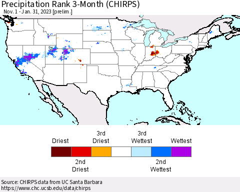 United States Precipitation Rank 3-Month (CHIRPS) Thematic Map For 11/1/2022 - 1/31/2023