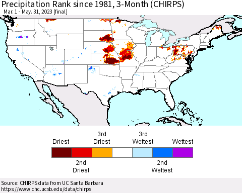 United States Precipitation Rank since 1981, 3-Month (CHIRPS) Thematic Map For 3/1/2023 - 5/31/2023