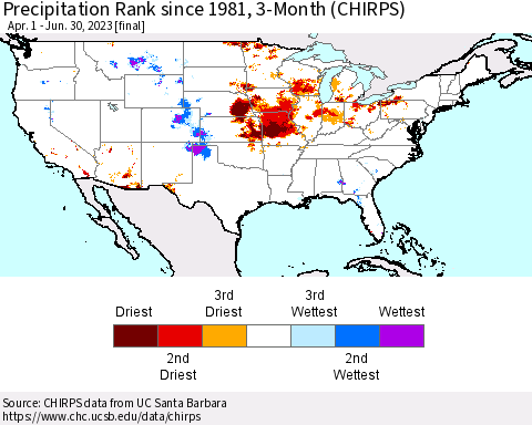 United States Precipitation Rank since 1981, 3-Month (CHIRPS) Thematic Map For 4/1/2023 - 6/30/2023