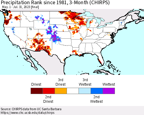 United States Precipitation Rank since 1981, 3-Month (CHIRPS) Thematic Map For 5/1/2023 - 7/31/2023