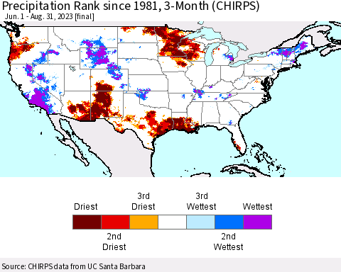 United States Precipitation Rank since 1981, 3-Month (CHIRPS) Thematic Map For 6/1/2023 - 8/31/2023