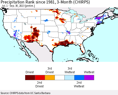 United States Precipitation Rank since 1981, 3-Month (CHIRPS) Thematic Map For 7/1/2023 - 9/30/2023