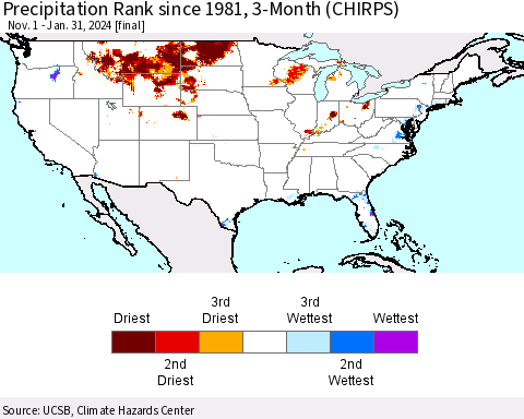 United States Precipitation Rank since 1981, 3-Month (CHIRPS) Thematic Map For 11/1/2023 - 1/31/2024