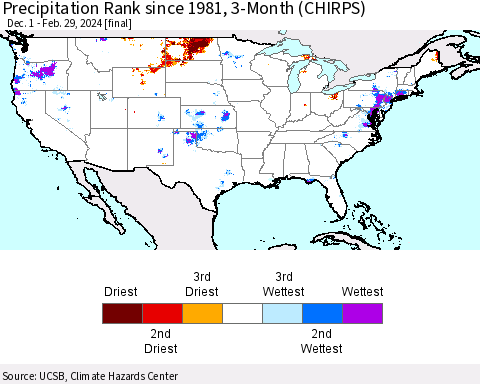 United States Precipitation Rank since 1981, 3-Month (CHIRPS) Thematic Map For 12/1/2023 - 2/29/2024