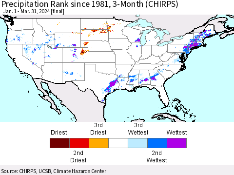United States Precipitation Rank since 1981, 3-Month (CHIRPS) Thematic Map For 1/1/2024 - 3/31/2024
