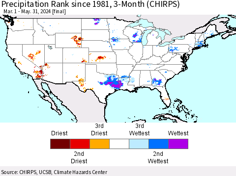 United States Precipitation Rank since 1981, 3-Month (CHIRPS) Thematic Map For 3/1/2024 - 5/31/2024