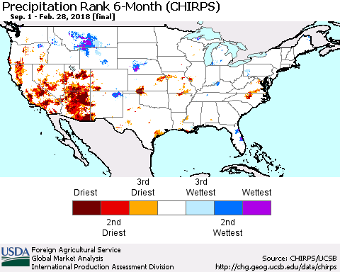 United States Precipitation Rank since 1981, 6-Month (CHIRPS) Thematic Map For 9/1/2017 - 2/28/2018