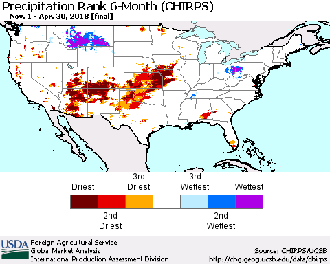 United States Precipitation Rank since 1981, 6-Month (CHIRPS) Thematic Map For 11/1/2017 - 4/30/2018