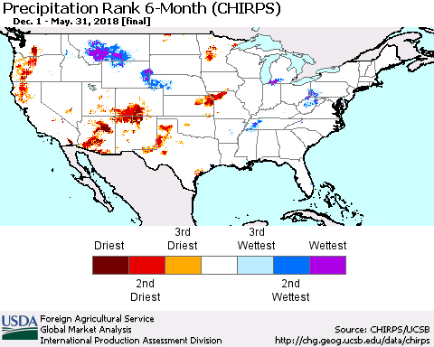United States Precipitation Rank since 1981, 6-Month (CHIRPS) Thematic Map For 12/1/2017 - 5/31/2018