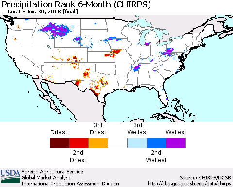 United States Precipitation Rank since 1981, 6-Month (CHIRPS) Thematic Map For 1/1/2018 - 6/30/2018