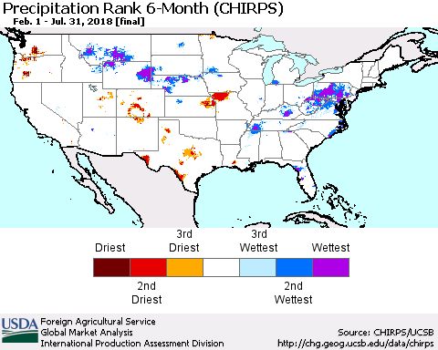 United States Precipitation Rank since 1981, 6-Month (CHIRPS) Thematic Map For 2/1/2018 - 7/31/2018