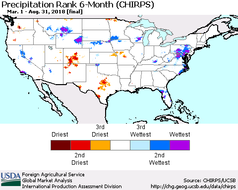 United States Precipitation Rank since 1981, 6-Month (CHIRPS) Thematic Map For 3/1/2018 - 8/31/2018