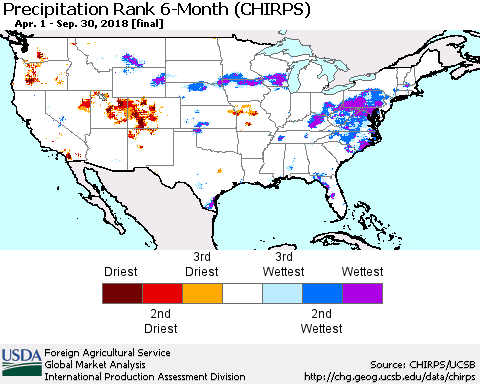 United States Precipitation Rank since 1981, 6-Month (CHIRPS) Thematic Map For 4/1/2018 - 9/30/2018