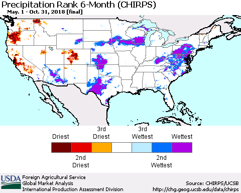 United States Precipitation Rank since 1981, 6-Month (CHIRPS) Thematic Map For 5/1/2018 - 10/31/2018