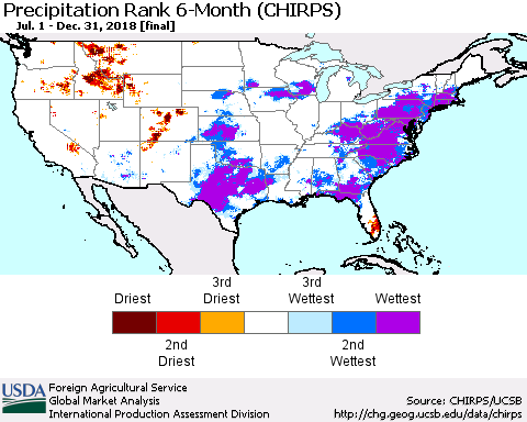 United States Precipitation Rank since 1981, 6-Month (CHIRPS) Thematic Map For 7/1/2018 - 12/31/2018