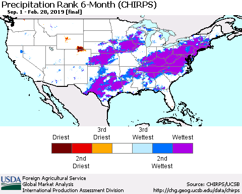United States Precipitation Rank since 1981, 6-Month (CHIRPS) Thematic Map For 9/1/2018 - 2/28/2019