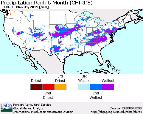 United States Precipitation Rank since 1981, 6-Month (CHIRPS) Thematic Map For 10/1/2018 - 3/31/2019