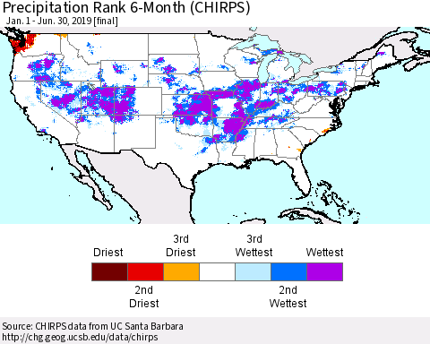 United States Precipitation Rank since 1981, 6-Month (CHIRPS) Thematic Map For 1/1/2019 - 6/30/2019