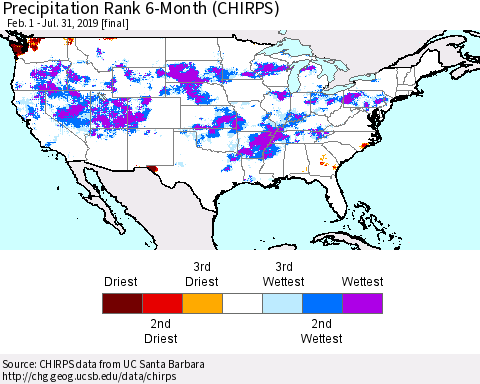 United States Precipitation Rank since 1981, 6-Month (CHIRPS) Thematic Map For 2/1/2019 - 7/31/2019