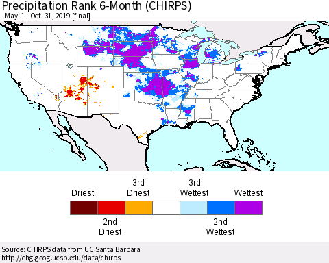 United States Precipitation Rank 6-Month (CHIRPS) Thematic Map For 5/1/2019 - 10/31/2019