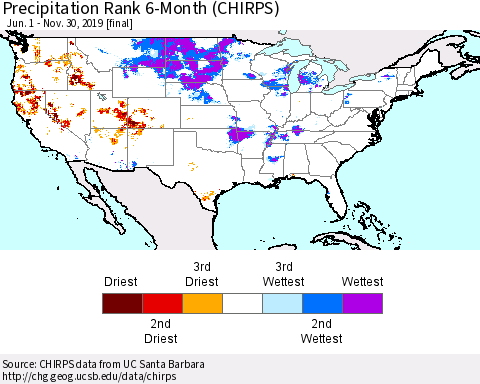 United States Precipitation Rank since 1981, 6-Month (CHIRPS) Thematic Map For 6/1/2019 - 11/30/2019