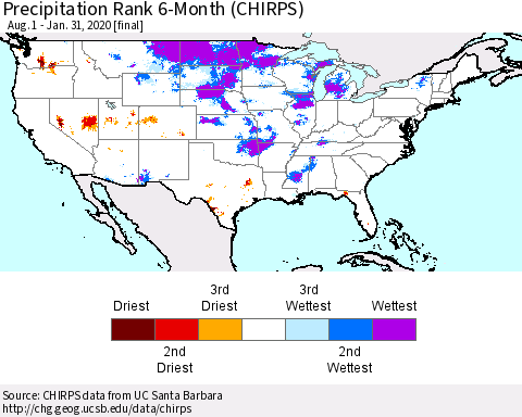 United States Precipitation Rank 6-Month (CHIRPS) Thematic Map For 8/1/2019 - 1/31/2020
