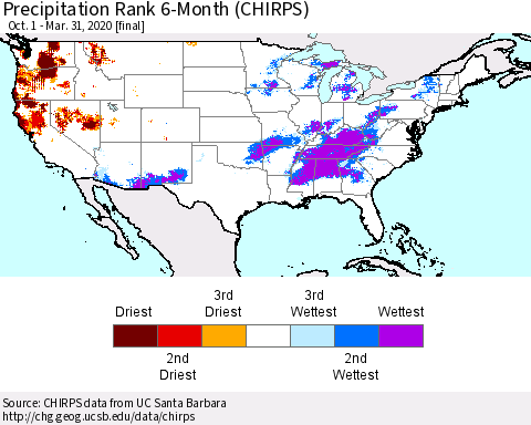 United States Precipitation Rank 6-Month (CHIRPS) Thematic Map For 10/1/2019 - 3/31/2020
