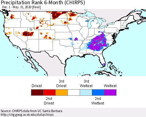 United States Precipitation Rank since 1981, 6-Month (CHIRPS) Thematic Map For 12/1/2019 - 5/31/2020