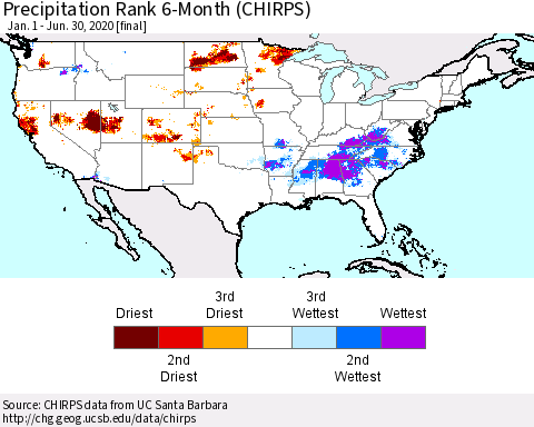 United States Precipitation Rank 6-Month (CHIRPS) Thematic Map For 1/1/2020 - 6/30/2020