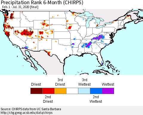 United States Precipitation Rank 6-Month (CHIRPS) Thematic Map For 2/1/2020 - 7/31/2020